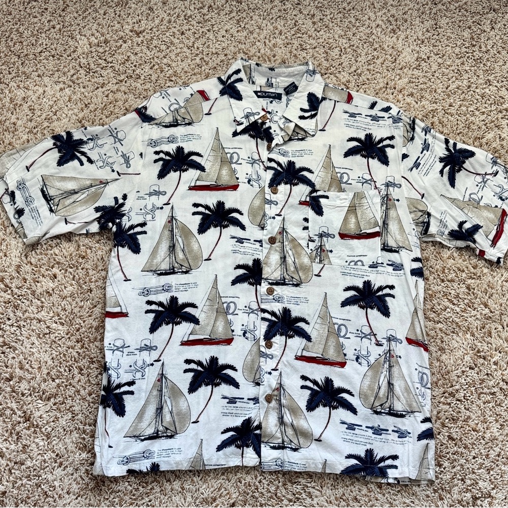 Vintage 90s Puritan Shirt Sail Boats Palm Tree Button Front Pocket L. - Picture 2 of 7
